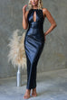 Sleeveless Cut Out Back Slit Faux Leather Bodycon Maxi Dress