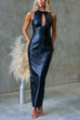 Sleeveless Cut Out Back Slit Faux Leather Bodycon Maxi Dress