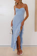 Karleedress Spaghetti Strap Ruffle Slit Maxi Chiffon Dress