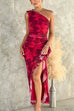 One Shoulder Sleeveless Ruffle Slit Floral Print Maxi Dress