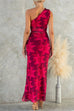 One Shoulder Sleeveless Ruffle Slit Floral Print Maxi Dress