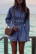 Karleedress Striped Long Sleeves Curve Hem Shirt and High Rise Shorts Set