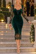 Karleedress V Neck Long Sleeves Lace Splice Velvet Bodycon Midi Dress