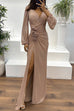 V Neck Long Sleeves Rose Detail Ruched Slit Maxi Dress