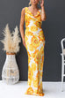 Cowl Neck Open Back Sun-Kissed Floral Satin Maxi Dress