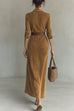 Karleedress Long Sleeves Button Up Faux Suede Belted Maxi Dress