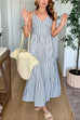 Spaghetti Strap V Neck Striped Ruffle Hem Maxi Dress