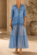 Karleedress Lapel Long Sleeves Organza Splice Ruffle Denim Maxi Dress