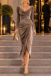 Karleedress Cowl Neck Gold Accent Ruched Velvet Midi Dress