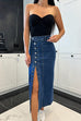 Karleedress Button Down Slit Midi Denim Skirt