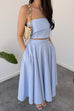 Striped Strapless Tube Crop Top High Rise Pocketed Midi Skirt Set