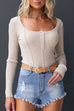 Long Sleeves Button Up Curve Hem Ribbed Knit Top