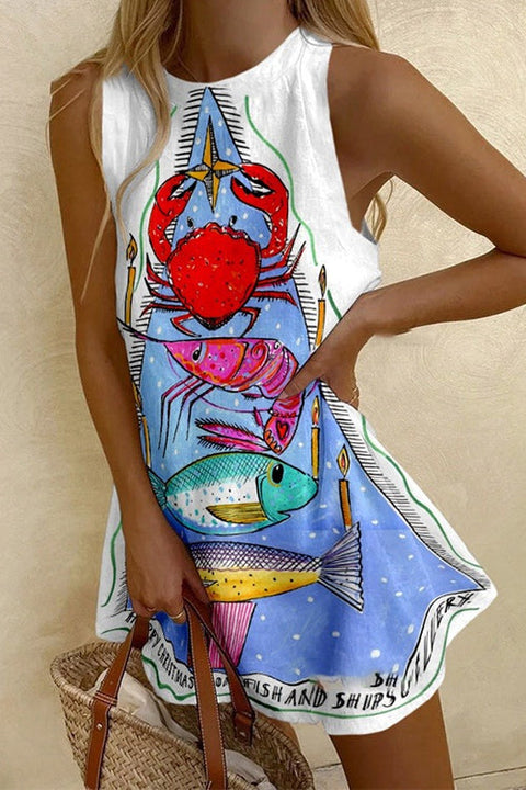 Karleedress Crewneck Sleeveless Crab Shrimp Print Mini Dress