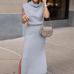 Cowl Neck Waisted Side Slit Midi Sweater Dress