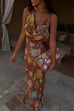 Karleedress Cowl Neck Open Back Printed Maxi Dress with Scarf