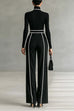 Karleedress Color Block High Neck Long Sleeves Top High Rise Wide Leg Pants Set