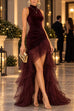 Karleedress Mock Neck Ruched Velvet & Tulle High-Low Maxi Dress
