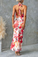 Cowl Neck Halter Open Back Floral Print Maxi Dress