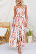 Strapless Floral Print Tie Waist Split Wide Leg Jumpsuit