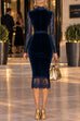 Karleedress V Neck Long Sleeves Lace Splice Velvet Midi Dress