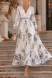 Karleedress V Neck Lantern Long Sleeves Floral Print Pleated Maxi Dress (A)