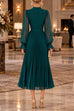 Karleedress Mock Neck Sheer Sleeve Pleated Ruffle High-Low Midi Dress (E)