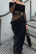 Karleedress Off Shoulder Long Sleeves Mesh Splice Maxi Dress