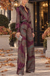 Karleedress Lapel Long Sleeves Shirt High Rise Pocketed Straight Leg Pants Paisley Print Set (C)