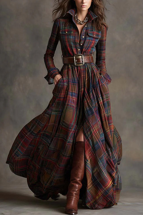 Long Sleeves Button Down Plaid Pocketed Maxi Shirt Dress