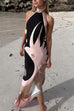 Karleedress Halter Neck Open Back Asymmetric Hem Printed Satin Midi Dress