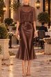 Karleedress Mock Neck Chiffon Cape Overlay Satin Midi Dress Set (D)
