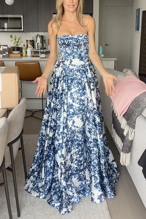 Karleedress Strapless Back Lace-up Print Maxi Party Dress