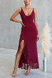 Glitter V Neck Sleeveles Ruffle Slit Maxi Dress