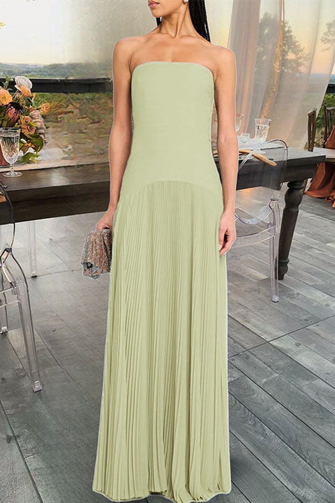 Karleedress Strapless Tube Patchwork Pleated Maxi Dress