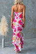 Halter Sleeveless Ruffle Hem Slit Floral Print Maxi Dress