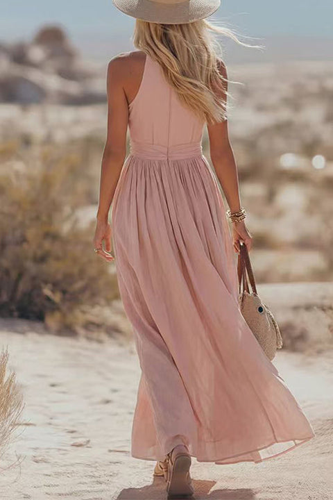 West Resort V Neck Sleeveless Waisted Cotton Linen Dress