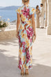 Cowl Neck Short Sleeves Tie Dye Maxi Dress