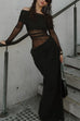 Karleedress Off Shoulder Long Sleeves Mesh Splice Maxi Dress