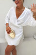 Wrap V Neck Side Drawstring Satin Mini Dress