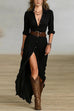 Karleedress Lapel V Neck Long Sleeves Button Up Slit Maxi Dress