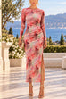 Round Neck Long Sleeve Side Slit Tie Dye Maxi Dress (A)