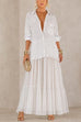 Karleedress Lapel Long Sleeves Organza Splice Ruffle Denim Maxi Dress