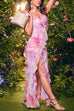 Karleedress V Neck Backless Ruffle Trim Slit Floral Print Maxi Cami Dress