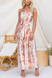 Strapless Floral Print Tie Waist Split Wide Leg Jumpsuit