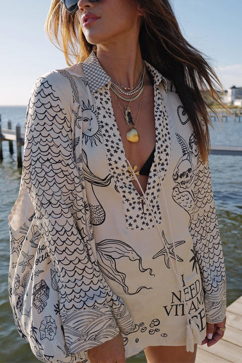 Karleedress Collared V Neck Shirt and Side Slit Shorts Vitamin Sea Print Set