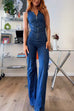 Karleedress Zip Up Sleeveless Heart Back Bell Bottom Denim Jumpsuit