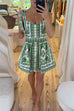 V Neck Bow Shoulder Crop Top High Rise Mini Skirt Printed Set