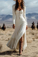 Karleedress U Neck Buttop Up Long Sleeves Ruffle Slit Maxi Dress