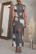Mockneck Sleeveless Ruched Floral Print Maxi Dress