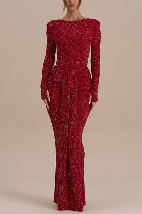 Back Slit Draped Rhinestone Sparkle Bodycon Maxi Skirt